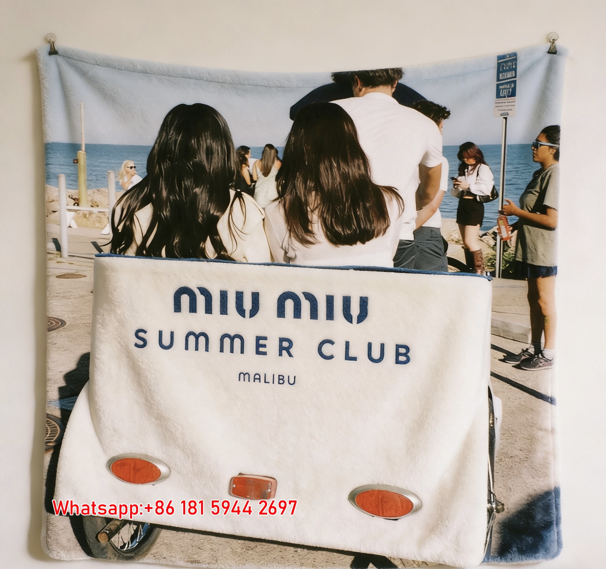 Miumiu White Navy Blue Red Flannel Sofa Throw Blanket – Printed Malibu Summer Club Pedicab Scene IMG_0538